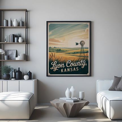 Lyon County Kansas vintage travel poster with windmill and wheat field.