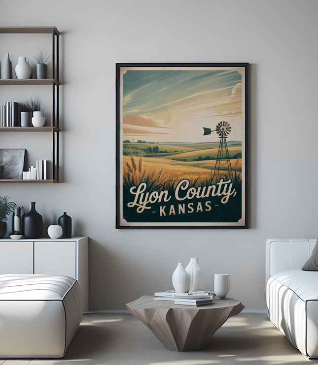 Lyon County Kansas vintage travel poster with windmill and wheat field.