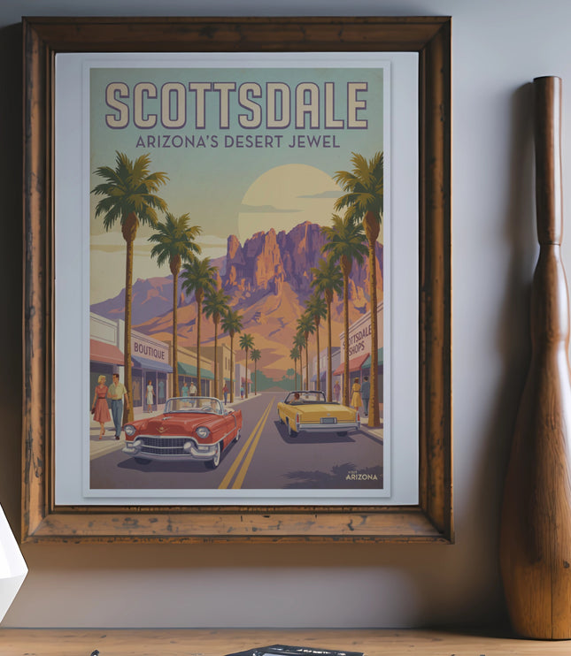 Framed print of Scottsdale, Arizona, with palm trees, mountains, and vintage cars.