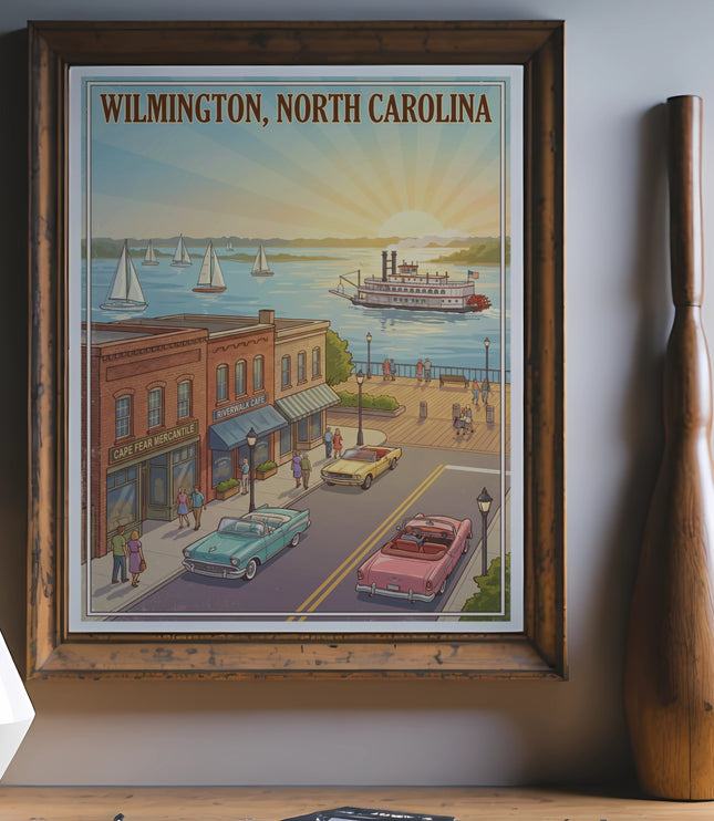 Wilmington, North Carolina art depicts riverboat, sailboats, and vintage cars.