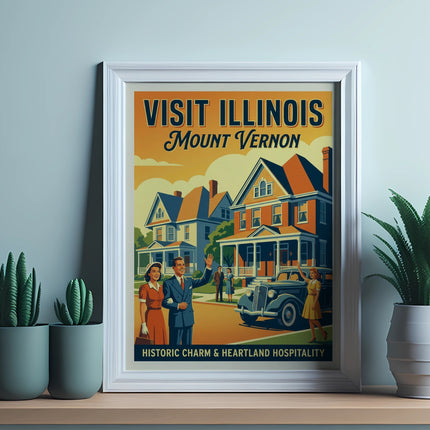 Vintage poster: "Visit Illinois Mount Vernon" with historic buildings and car.