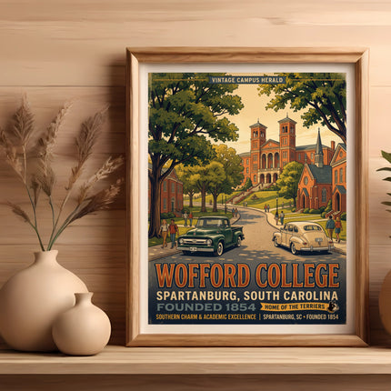Wofford College vintage campus print with two classic cars and text.