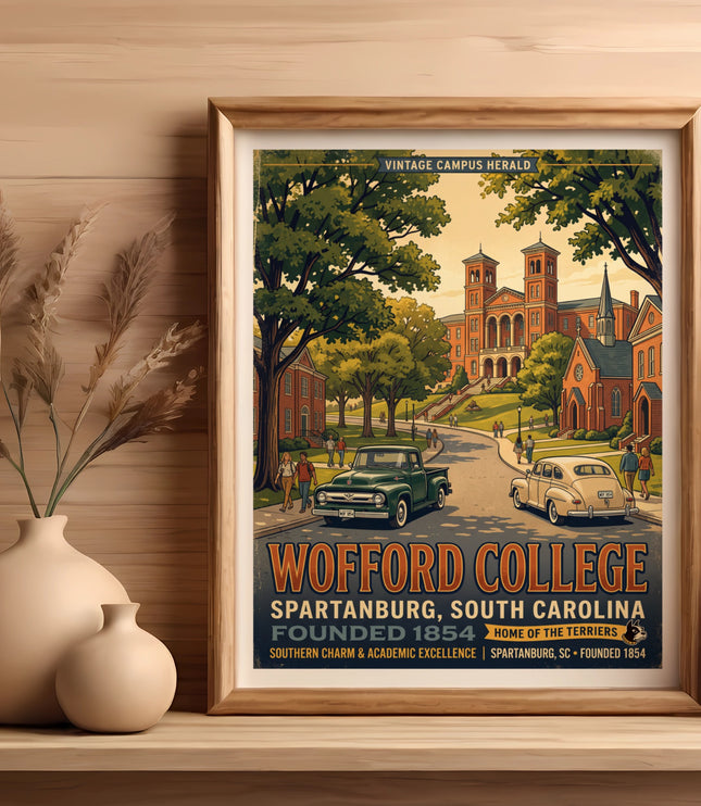 Wofford College vintage campus print with two classic cars and text.