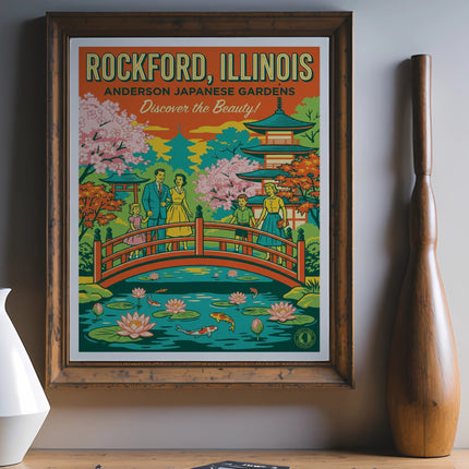 Vintage poster for Rockford, Illinois, Anderson Japanese Gardens with people and bridge.