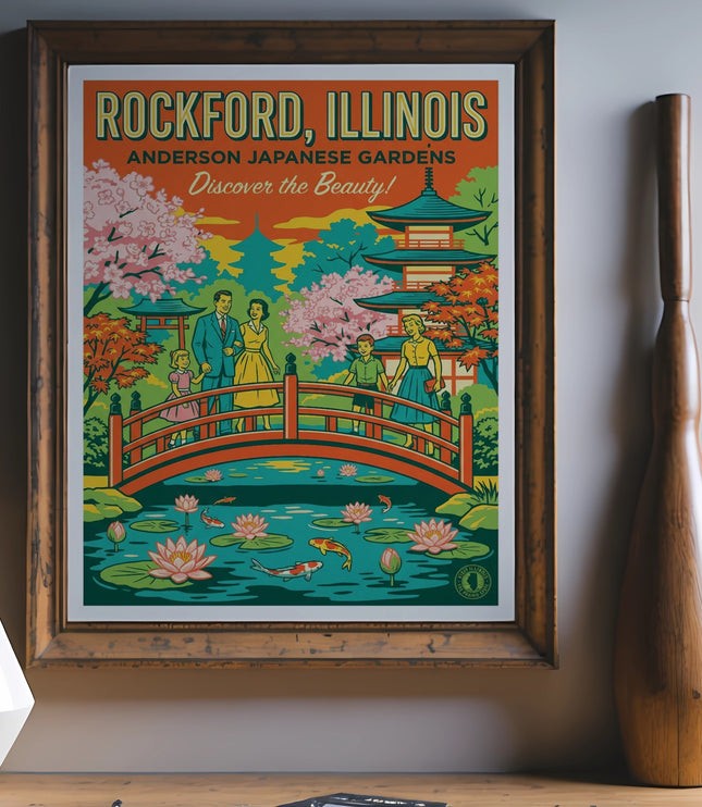 Vintage poster for Rockford, Illinois, Anderson Japanese Gardens with people and bridge.