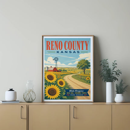 Reno County Kansas vintage travel poster with sunflowers and windmill.