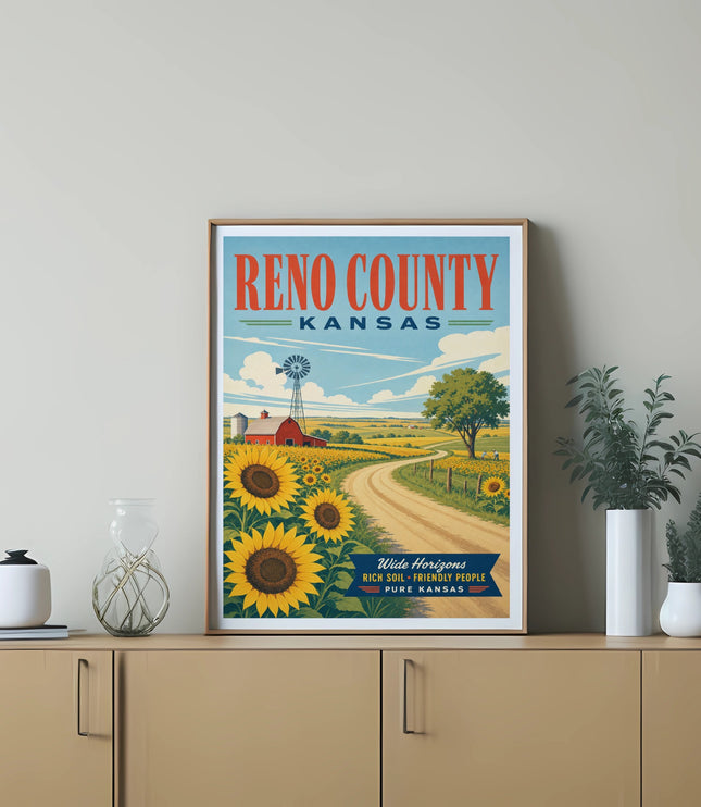 Reno County Kansas vintage travel poster with sunflowers and windmill.