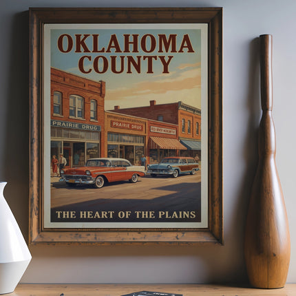 Vintage Oklahoma County poster featuring classic cars and storefronts.
