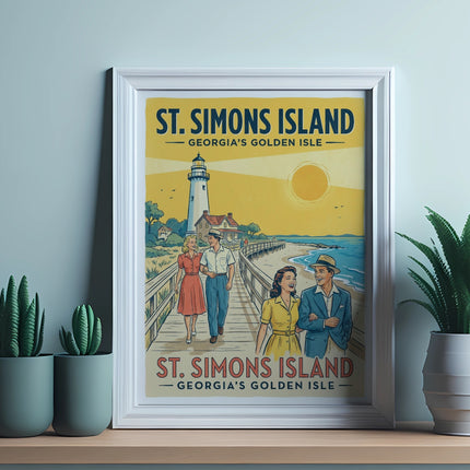 St. Simons Island Georgia's Golden Isle vintage travel poster with couple walking on beach.