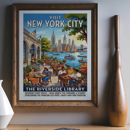 New York City travel poster for The Riverside Library with city skyline and river scene.