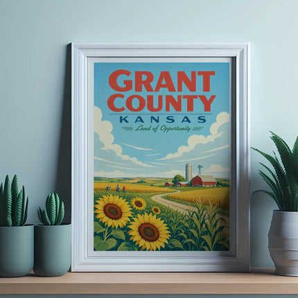 Grant County Kansas, Land of Opportunity poster with sunflowers and farmland.