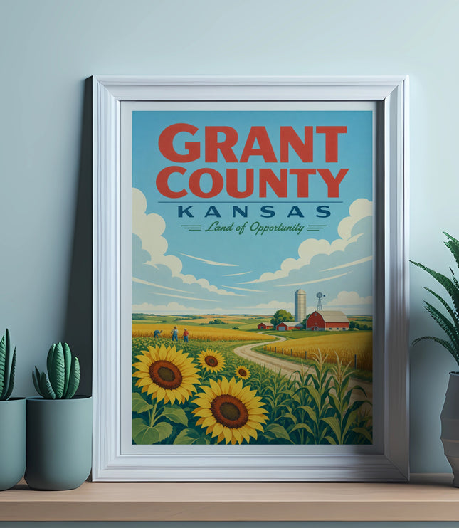 Grant County Kansas, Land of Opportunity poster with sunflowers and farmland.
