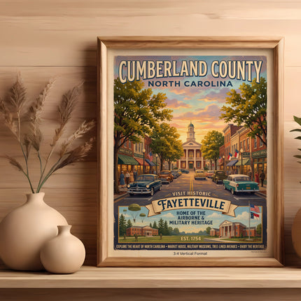 Vintage travel poster of Cumberland County, North Carolina and Fayetteville.