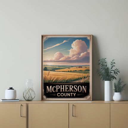 McPherson County landscape art with framed text on a dresser.
