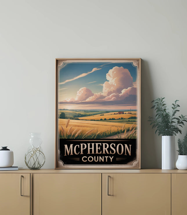 McPherson County landscape art with framed text on a dresser.