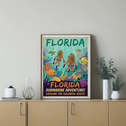 Vintage Florida scuba diving poster with divers, fish, and coral.