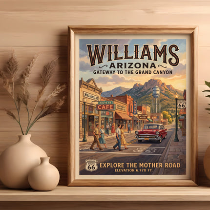 Williams Arizona vintage travel poster depicting a classic car and street scene.