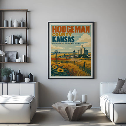 Hodgeman County Kansas poster with sunflowers and rural landscape.