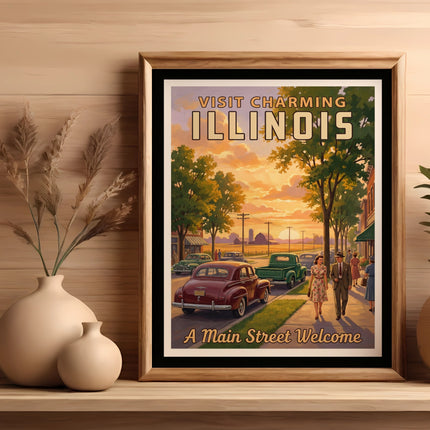 Vintage Illinois travel poster with "A Main Street Welcome" text.