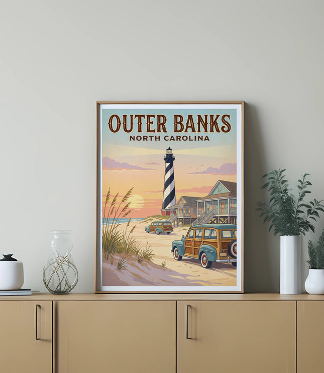 Poster featuring Outer Banks North Carolina with lighthouse and vintage cars at sunset.