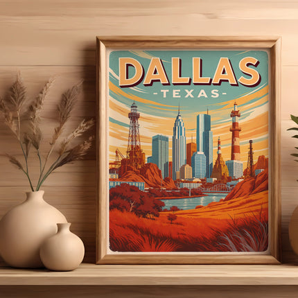 Dallas, Texas skyline art print in a wooden frame, with vases and plants.