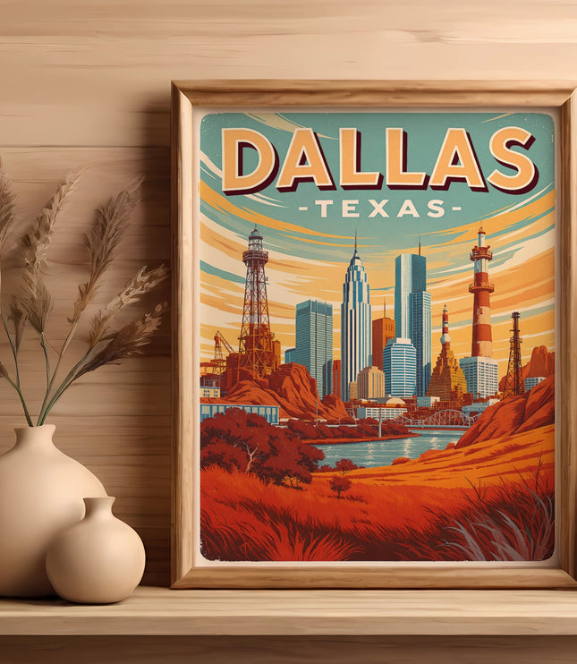 Dallas, Texas skyline art print in a wooden frame, with vases and plants.