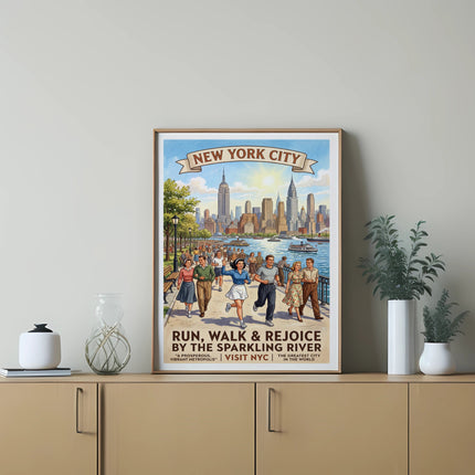New York City poster with people running by a river and skyline.