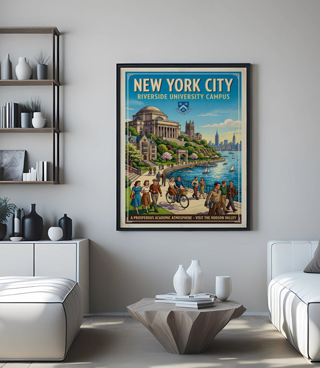 Vintage New York City Riverside University Campus travel poster.