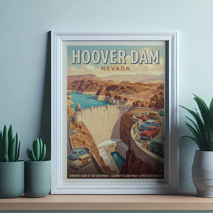 Hoover Dam Nevada poster showing dam, cars, and landscape.