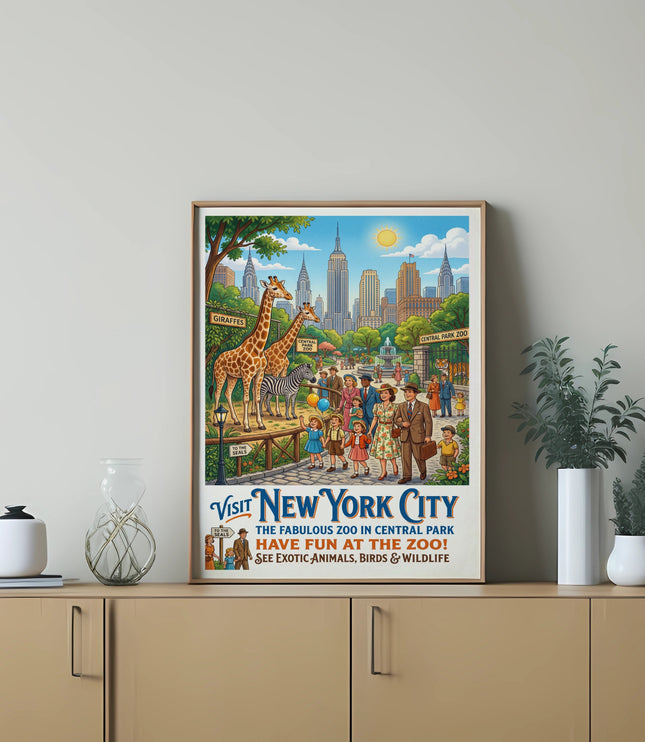 Vintage poster "Visit New York City" with Central Park Zoo, giraffes, zebra, and cityscape.