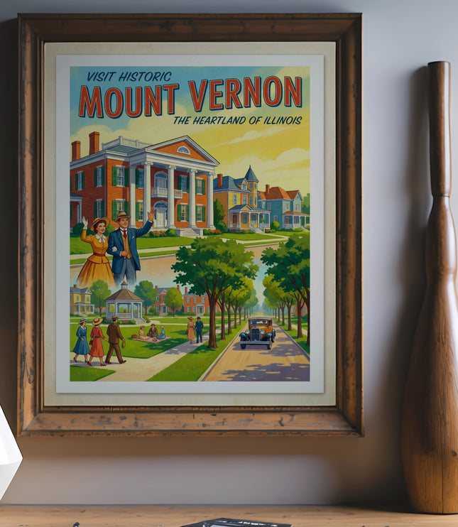 Vintage Mount Vernon Illinois poster featuring a couple waving with historic buildings and people.