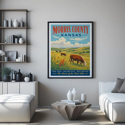 Morris County, Kansas poster with cows in a rolling hills landscape.