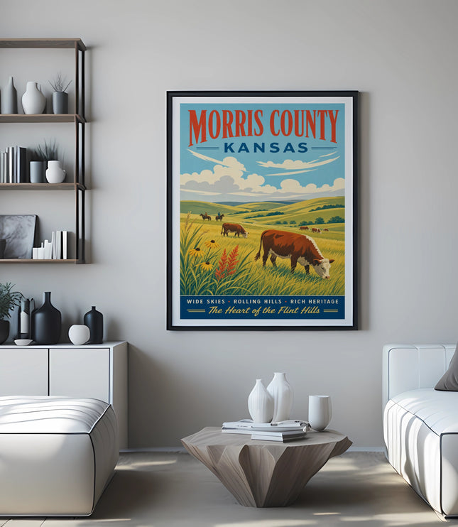 Morris County, Kansas poster with cows in a rolling hills landscape.