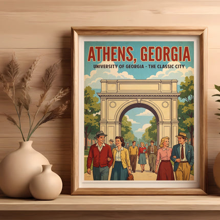 Framed vintage poster of Athens, Georgia, featuring the arch and people.