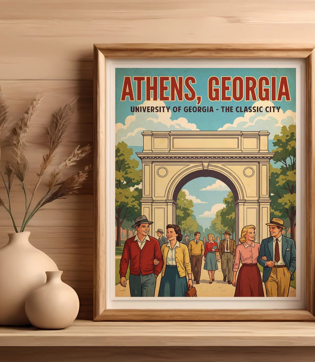 Framed vintage poster of Athens, Georgia, featuring the arch and people.
