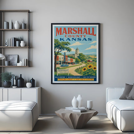 Marshall County Kansas vintage travel poster with Marysville town scene.