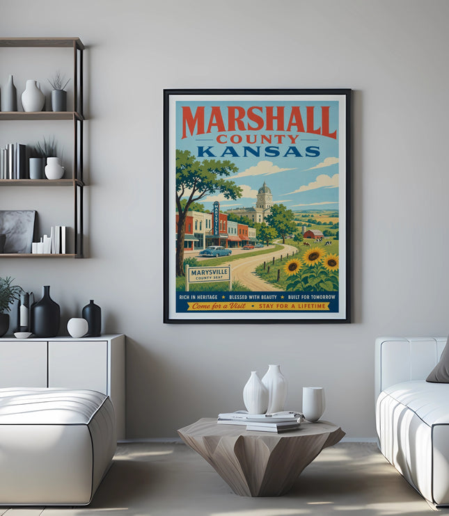Marshall County Kansas vintage travel poster with Marysville town scene.
