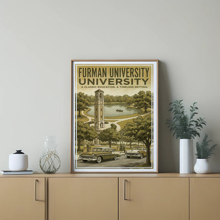 Furman University poster with a clock tower, lake, cars, and text.