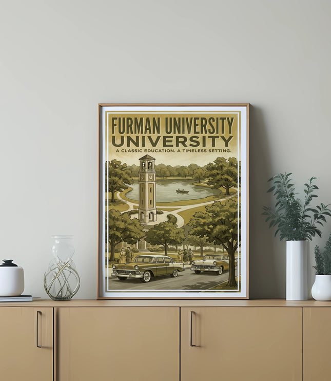 Furman University poster with a clock tower, lake, cars, and text.