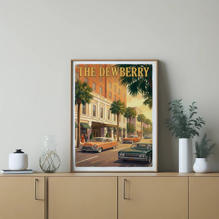 "The Dewberry" hotel art with vintage cars and palm trees.