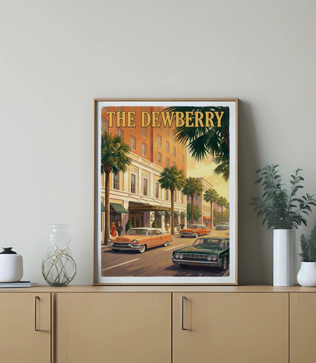 "The Dewberry" hotel art with vintage cars and palm trees.