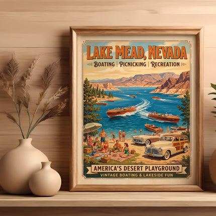 Vintage poster: Lake Mead, Nevada, with people boating, picnicking, and enjoying a lakeside.