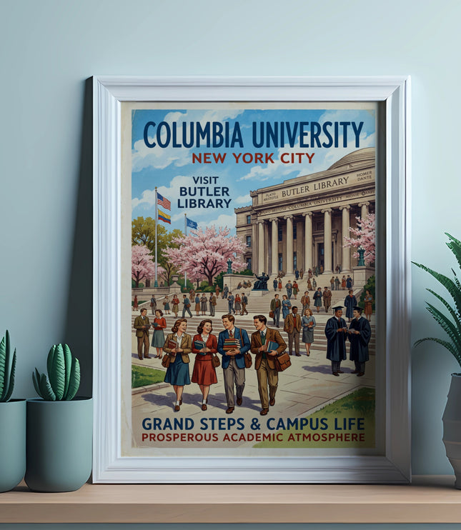 Columbia University New York City Butler Library retro travel poster.