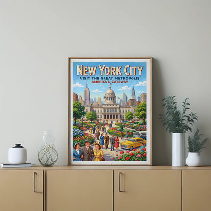 Vintage New York City poster with people and landmarks, "America's Gateway."