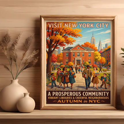 Vintage poster of New York City with a library and families in autumn.
