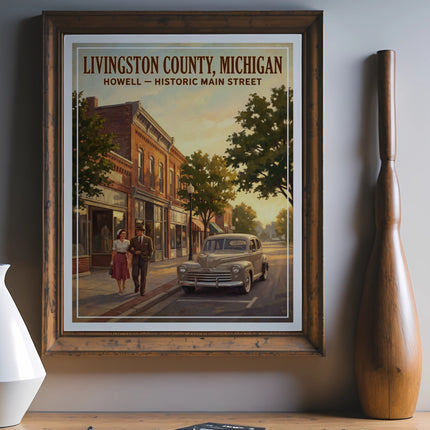 Vintage style poster of Howell, Michigan historic main street with couple and car.