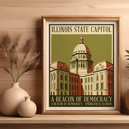Illinois State Capitol building, vintage poster, Springfield, Illinois.