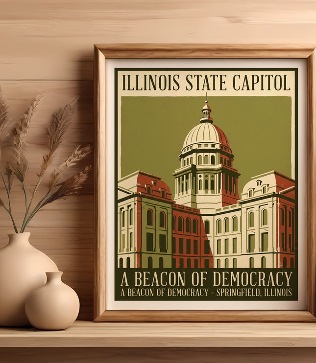 Illinois State Capitol building, vintage poster, Springfield, Illinois.