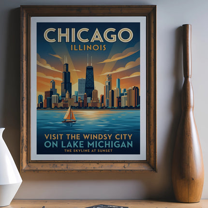Framed Chicago Illinois skyline poster with sailboat on Lake Michigan at sunset.