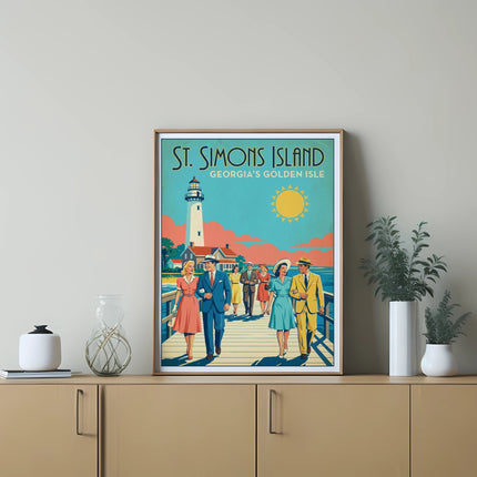 St. Simons Island, Georgia's Golden Isle vintage travel poster with lighthouse.